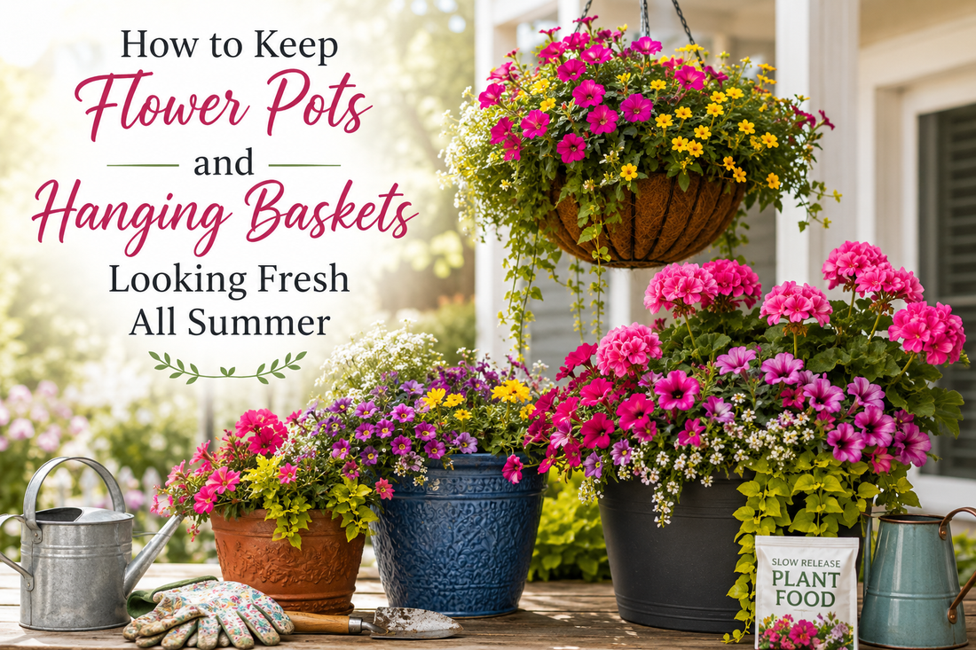 Colorful hanging baskets and flower pots on a sunny porch showing healthy summer container gardens.