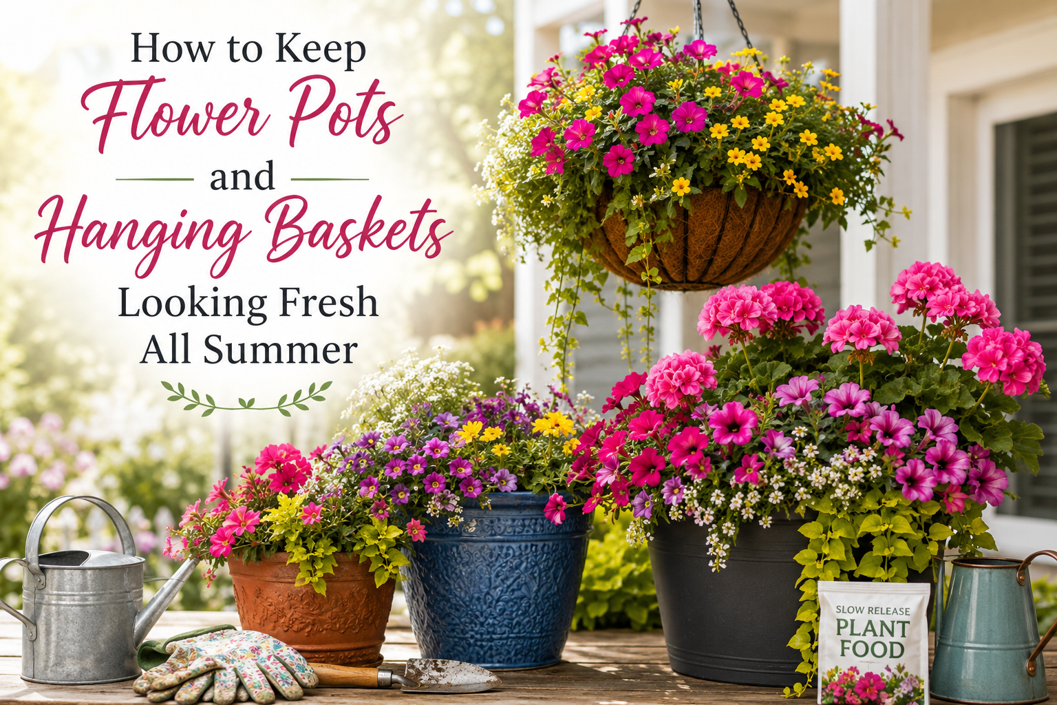Colorful hanging baskets and flower pots on a sunny porch showing healthy summer container gardens.