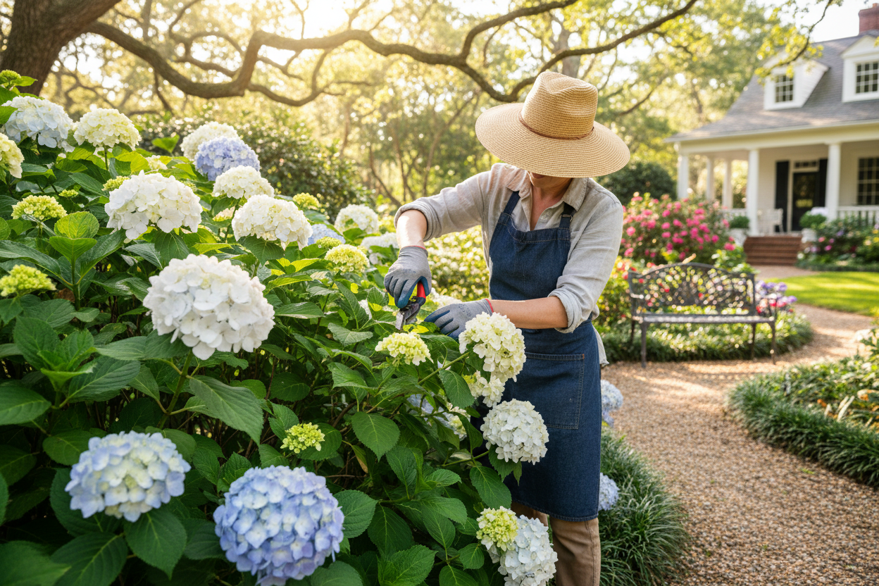 Gardener pruning a Nikko Blue Hydrangea bush with pruning shears in a garden.  Step-by-step guide for pruning hydrangeas for healthy growth and more blooms.