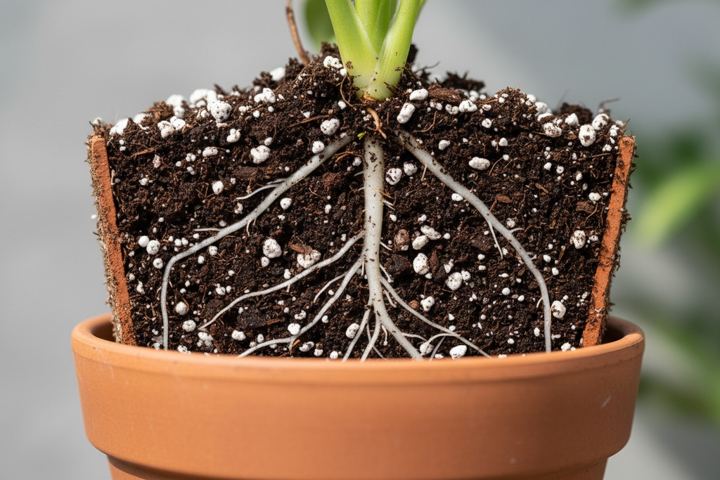 Potted plant with soil and white perlite granules