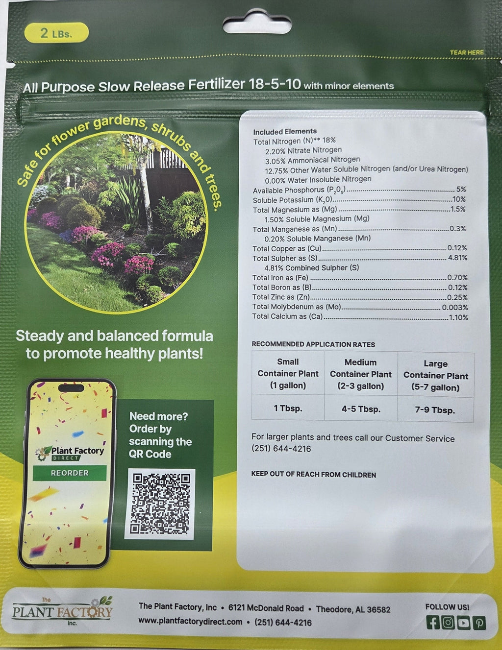 All purpose slow release fertilizer label, NPK 18-5-10 with minor elements