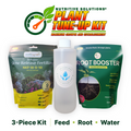 Three-piece plant care kit: fertilizer bags, Root Booster pouch, and feeding bottle