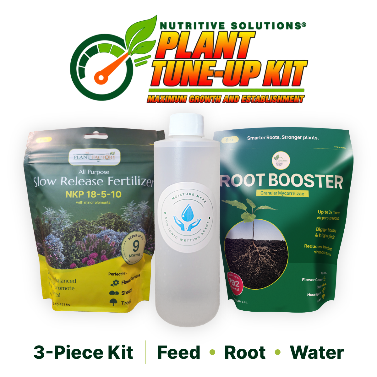 Three-piece plant care kit: fertilizer bags, Root Booster pouch, and feeding bottle
