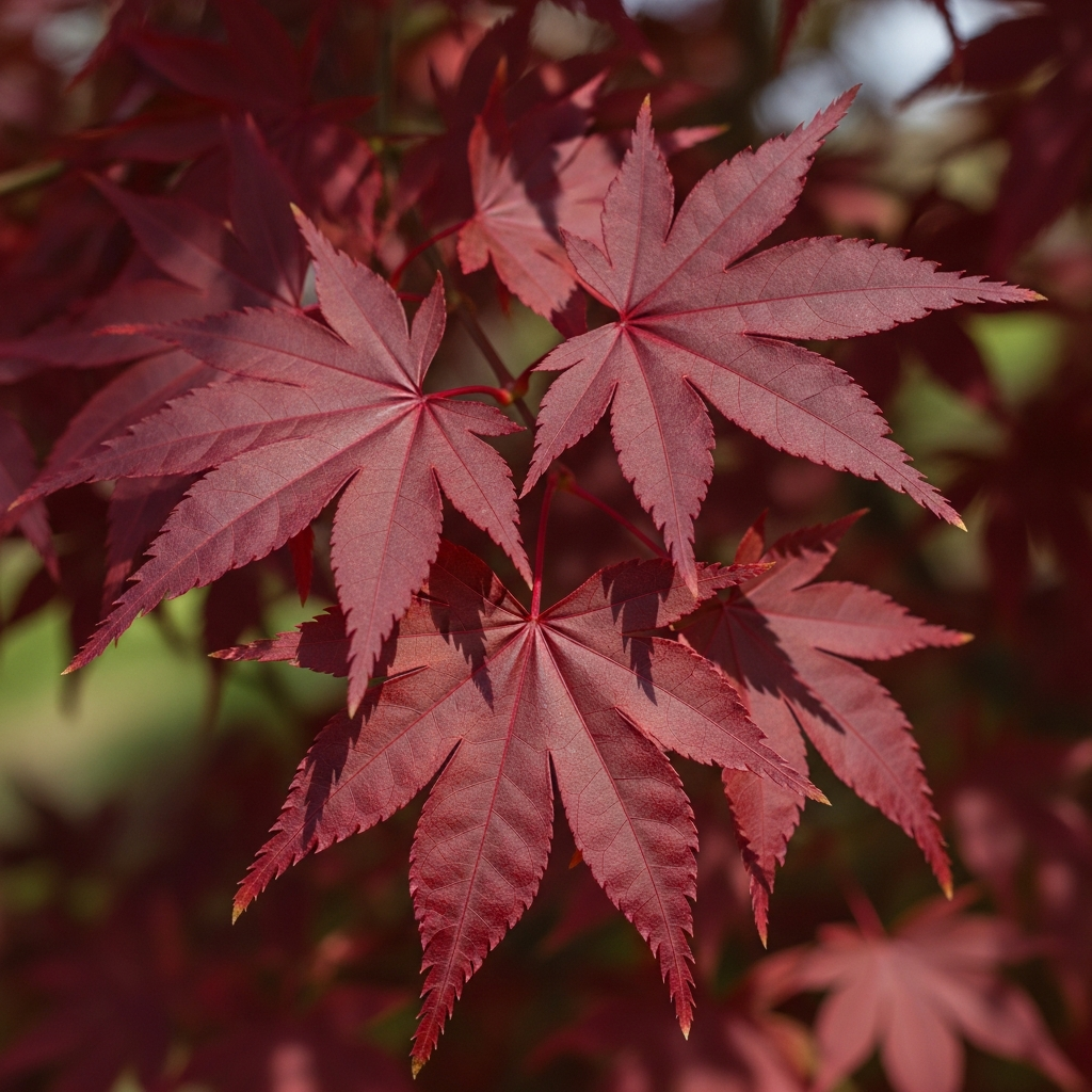 Japanese maple leaves, deep red fan-shaped foliage