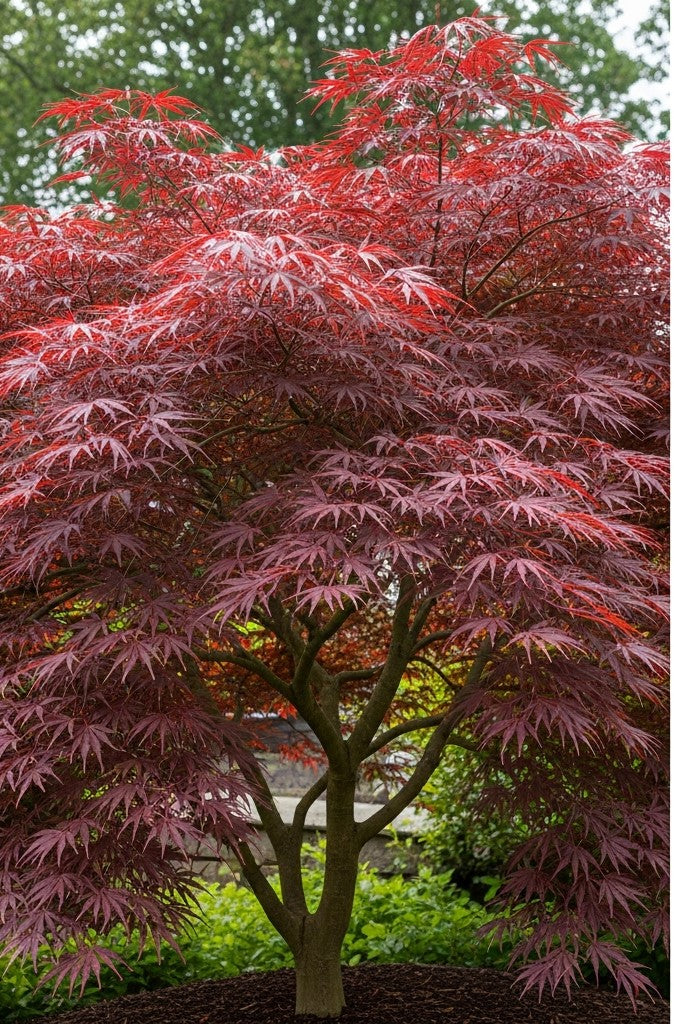 Dwarf Japanese maple tree with wide canopy of red lacy leaves