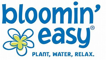 Bloomin' easy plant care label on blue pot: "PLANT, WATER, RELAX."