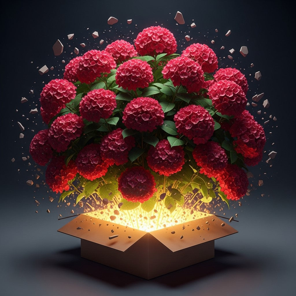 Red mophead hydrangea bouquet with green leaves, compact bushy plant