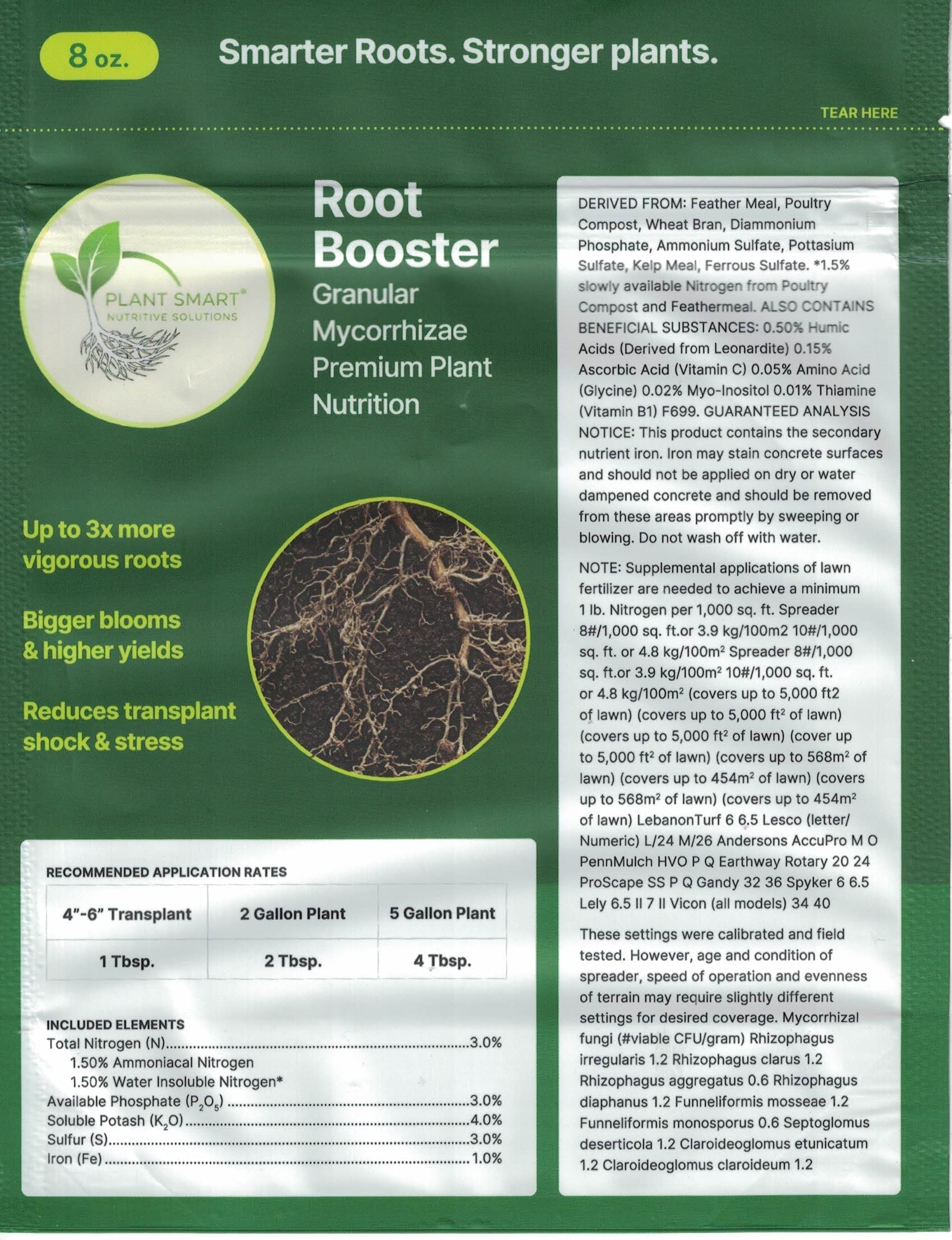 Back of green Root Booster® bag listing ingredients and application directions