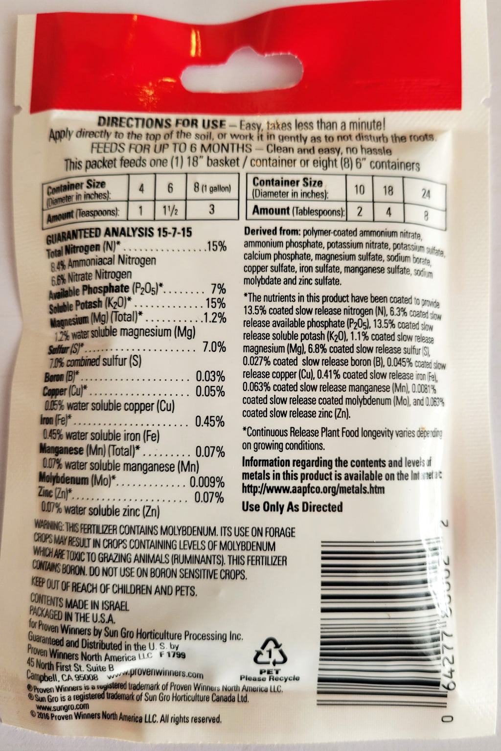 Continuous release plant food packet back with directions and ingredient panel