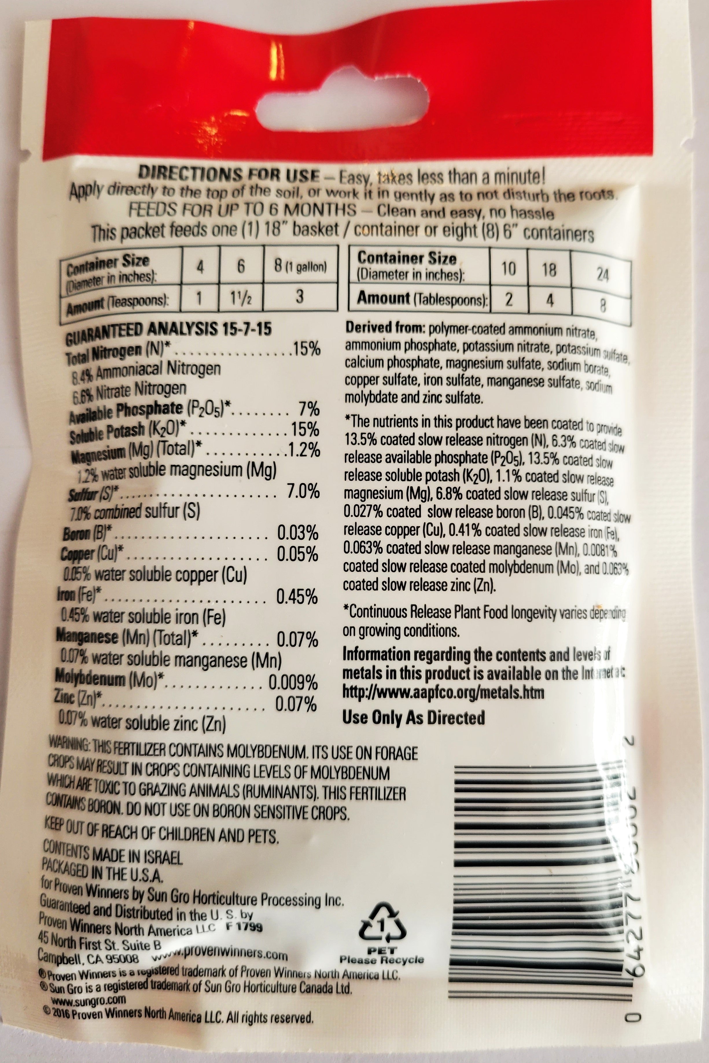 Continuous release plant food packet back with directions and ingredient panel